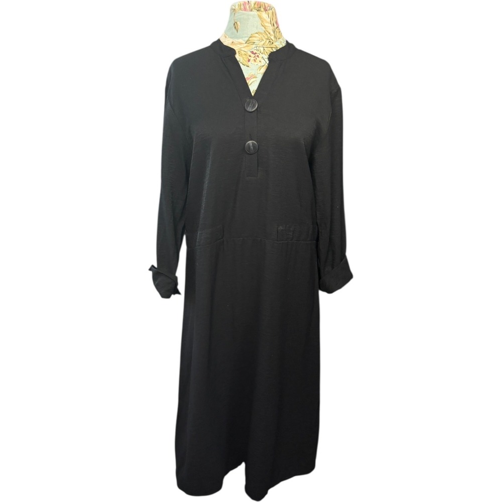 Karol Basic Black Long Sleeve Button Midi Dress W… - image 1